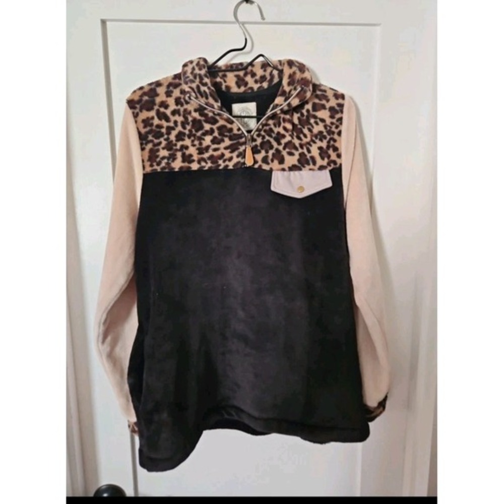 Tees2door Fleece Pullover Large Colorblock Leopard Print Cozy Quarter Zip Jacket